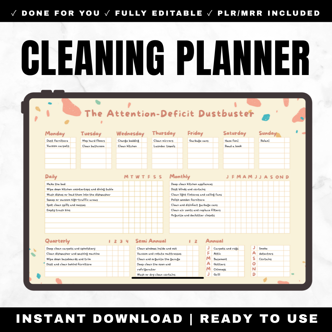 ADHD Daily Cleaning Tracker Attention Deficit Dustbuster - One Page Dashboard 9 Design Variations Morning Afternoon Evening Routines Habits Meal Planning Printable PDF Editable Canva PLR MRR