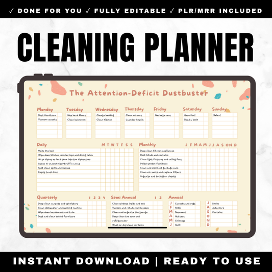 ADHD Daily Cleaning Tracker Attention Deficit Dustbuster - One Page Dashboard 9 Design Variations Morning Afternoon Evening Routines Habits Meal Planning Printable PDF Editable Canva PLR MRR