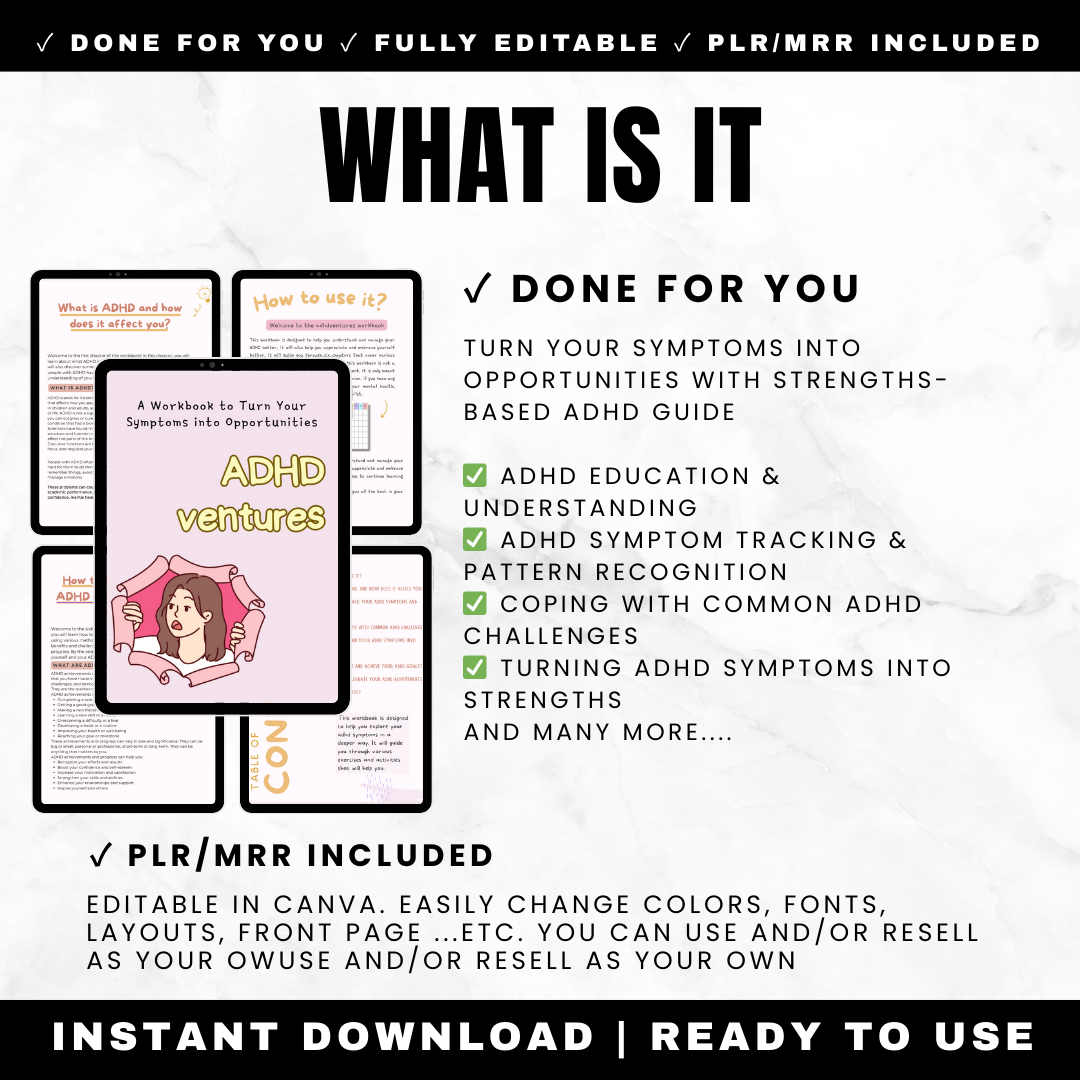Ultimate ADHD Life Bundle 8 Products 300 Plus Pages - Complete Toolkit 185 Page Planner Cleaning System Digital Detox Emotional Regulation Mental Health Strengths Stickers PLR MRR Rights
