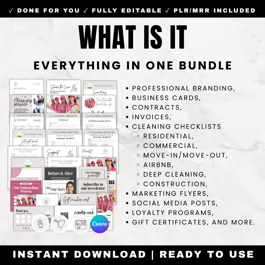 Complete Cleaning Business Bundle 70 Plus Templates - Forms Contracts Invoices Checklists Marketing Flyers Social Media Business Cards Branding Editable Canva Start Professional Cleaning Service
