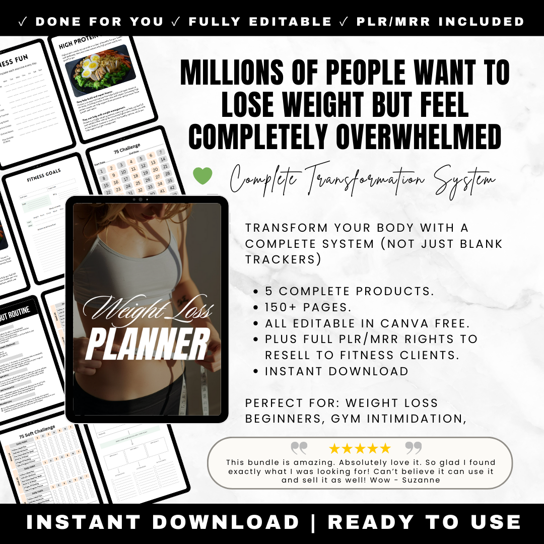 Complete Weight Loss Transformation System for Gym Beginners Bundle - 5 Products 150 Pages - Fitness Education Checklists High Protein Recipes Weight Loss Planner 75 Hard Tracker Workout Planner - Printable Canva Editable PLR MRR Rights

