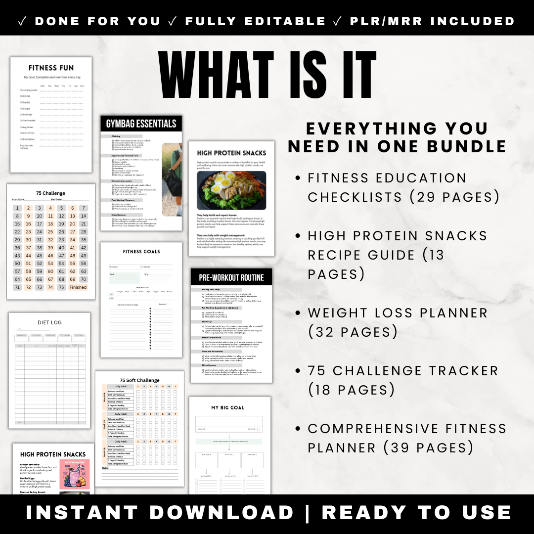 Complete Weight Loss Transformation System for Gym Beginners Bundle - 5 Products 150 Pages - Fitness Education Checklists High Protein Recipes Weight Loss Planner 75 Hard Tracker Workout Planner - Printable Canva Editable PLR MRR Rights
