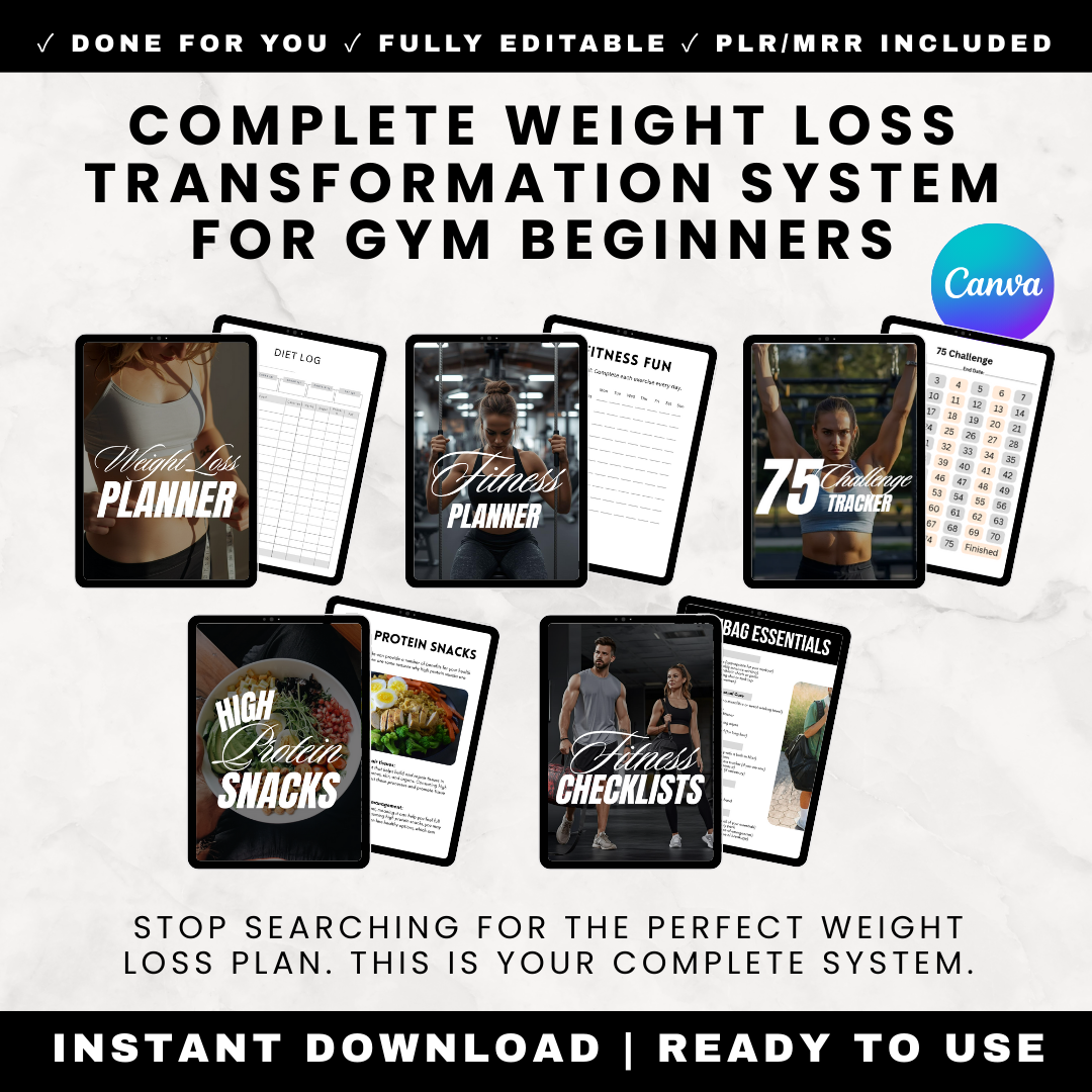 Complete Weight Loss Transformation System for Gym Beginners Bundle - 5 Products 150 Pages - Fitness Education Checklists High Protein Recipes Weight Loss Planner 75 Hard Tracker Workout Planner - Printable Canva Editable PLR MRR Rights
