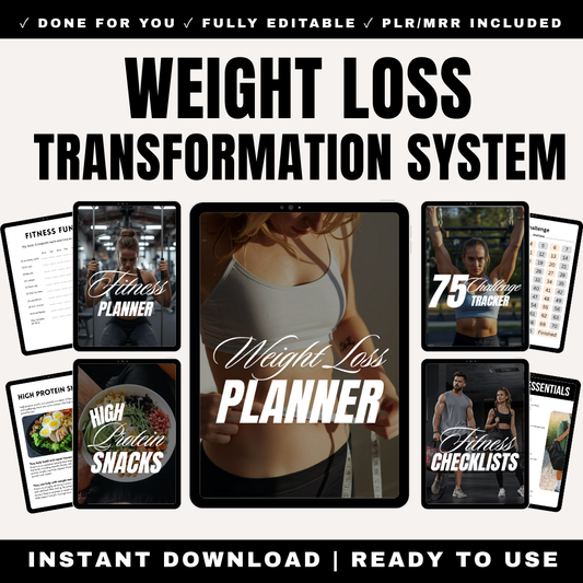 Complete Weight Loss Transformation System for Gym Beginners Bundle - 5 Products 150 Pages - Fitness Education Checklists High Protein Recipes Weight Loss Planner 75 Hard Tracker Workout Planner - Printable Canva Editable PLR MRR Rights
