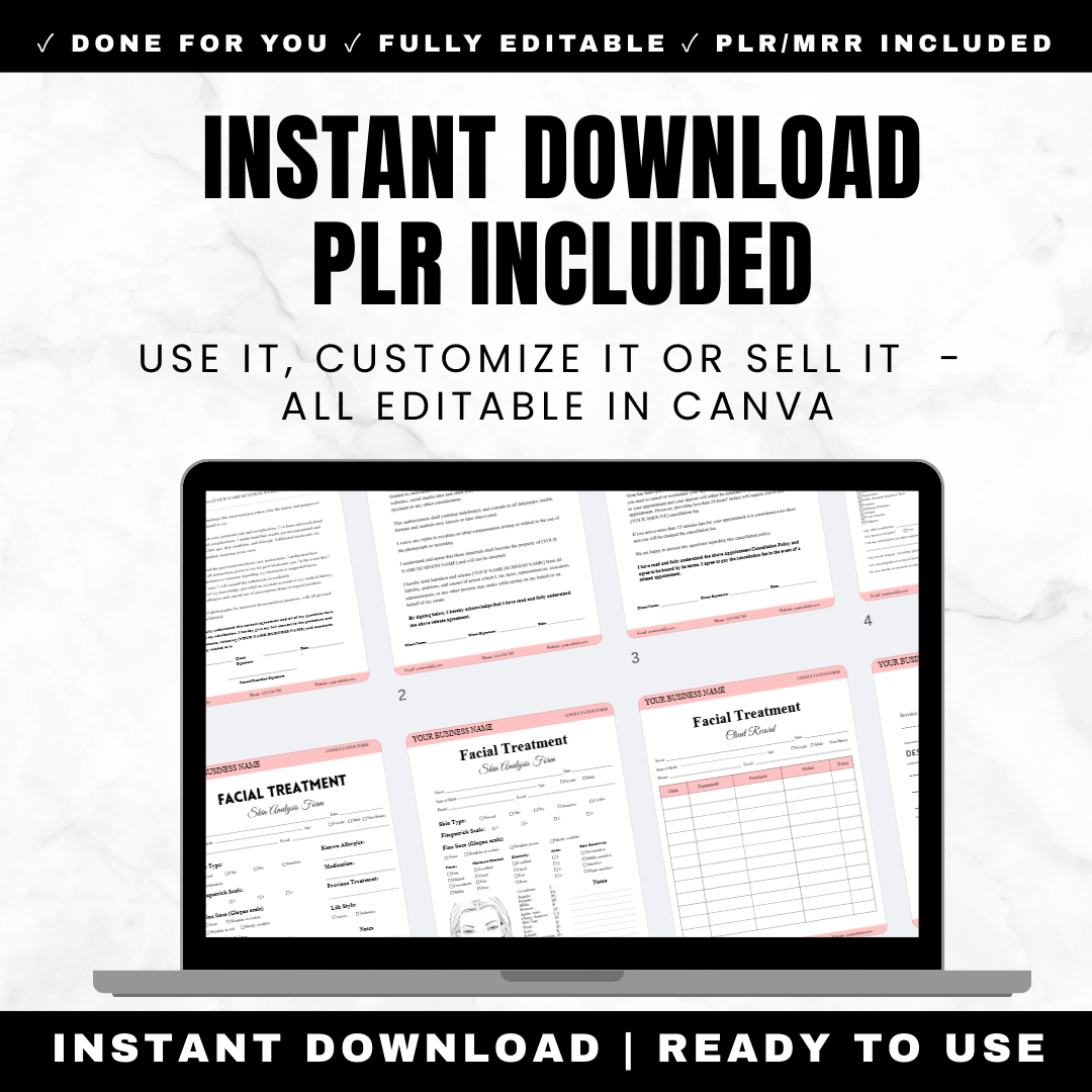 Complete Esthetician Forms Bundle - 9 Professional Facial Treatment Forms - Client Intake Consultation Consent Skin Analysis Medical History Photo Release Invoice - Canva Editable Printable PDF - Full PLR MRR Resell Rights
