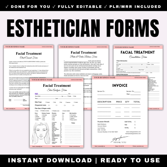 Complete Esthetician Forms Bundle - 9 Professional Facial Treatment Forms - Client Intake Consultation Consent Skin Analysis Medical History Photo Release Invoice - Canva Editable Printable PDF - Full PLR MRR Resell Rights
