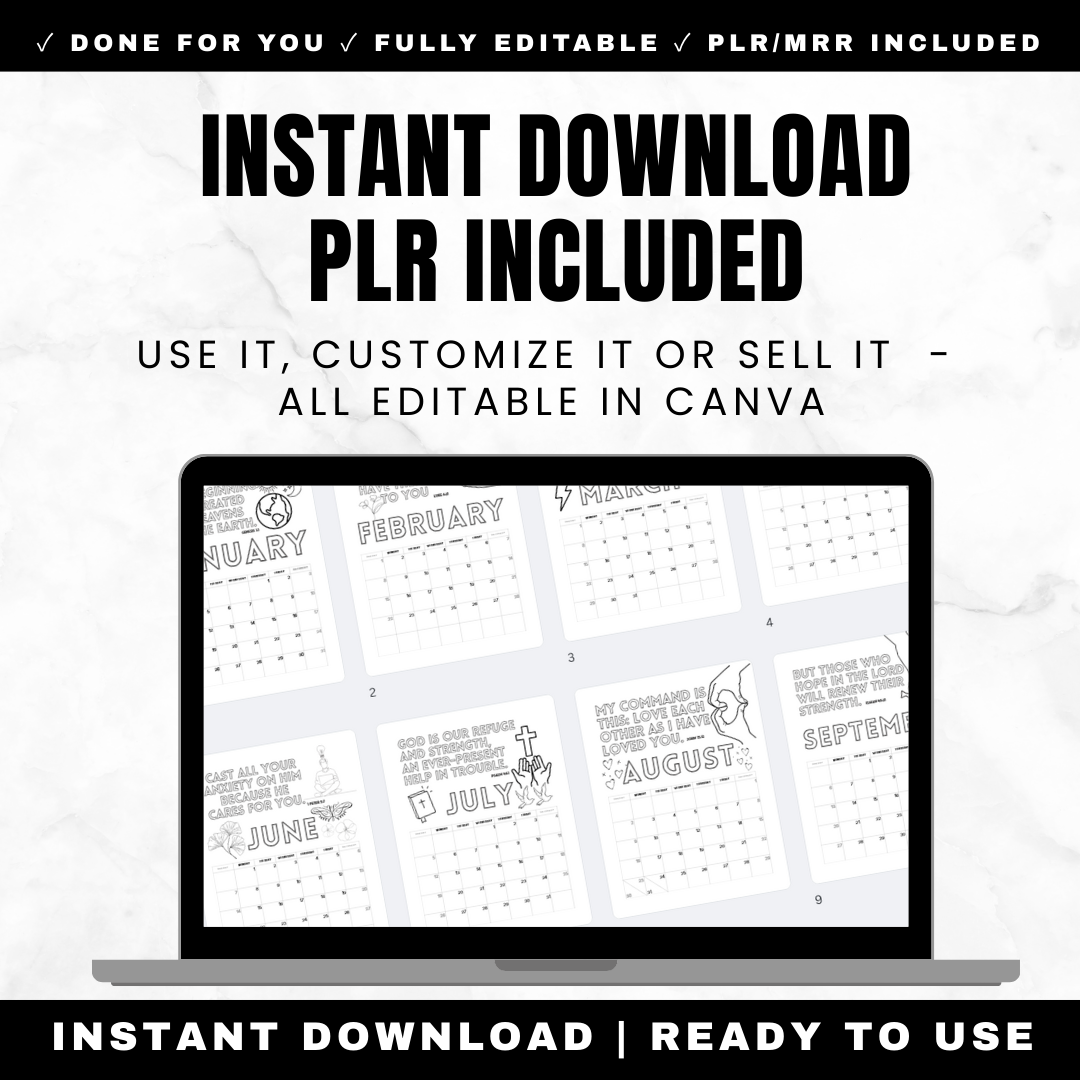 2026 Coloring Bible Calendar - 12 Month Christian Wall Calendar with Scripture Verses to Color - January Genesis Creation February Luke Love March Philippians Strength April Psalm Guidance May Proverbs Trust - Faith Based Adult Coloring Devotional Planning - Printable Canva Editable PLR MRR Rights
