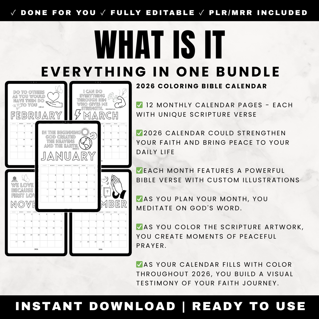 2026 Coloring Bible Calendar - 12 Month Christian Wall Calendar with Scripture Verses to Color - January Genesis Creation February Luke Love March Philippians Strength April Psalm Guidance May Proverbs Trust - Faith Based Adult Coloring Devotional Planning - Printable Canva Editable PLR MRR Rights

