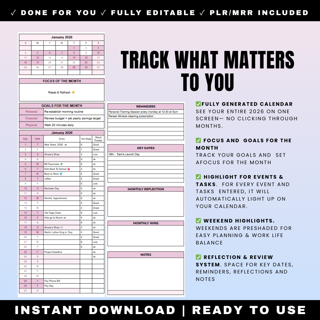 2026 Google Sheets Life Planner - Complete Year at a Glance Calendar Full Year One Page - 12 Month Habit Tracker with Automatic Progress Visuals - Monthly Goal Planning - Mood Sleep Tracking - Reflection System - Digital Productivity Planner - Customizable Spreadsheet - PLR MRR Resell Rights