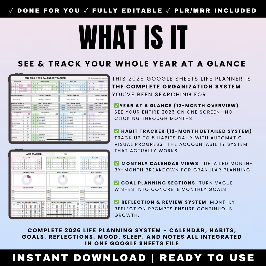 2026 Google Sheets Life Planner - Complete Year at a Glance Calendar Full Year One Page - 12 Month Habit Tracker with Automatic Progress Visuals - Monthly Goal Planning - Mood Sleep Tracking - Reflection System - Digital Productivity Planner - Customizable Spreadsheet - PLR MRR Resell Rights
