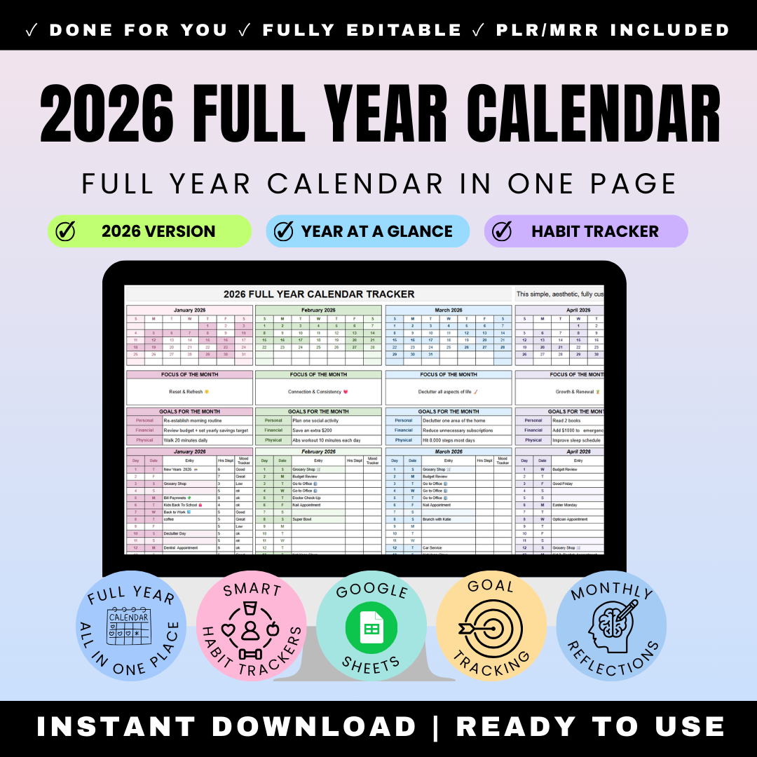 2026 Google Sheets Life Planner - Complete Year at a Glance Calendar Full Year One Page - 12 Month Habit Tracker with Automatic Progress Visuals - Monthly Goal Planning - Mood Sleep Tracking - Reflection System - Digital Productivity Planner - Customizable Spreadsheet - PLR MRR Resell Rights
