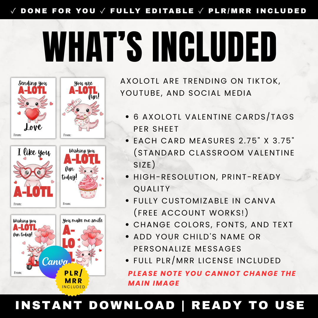 Axolotl valentine cards package includes printable PDF, editable Canva template, and full PLR resell rights