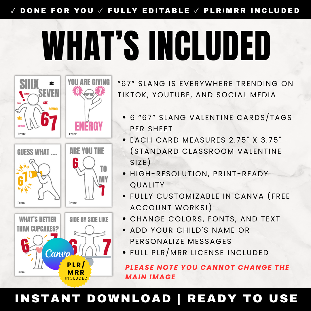 Promotional graphic for 67 slang Valentine cards with product details on a white background.