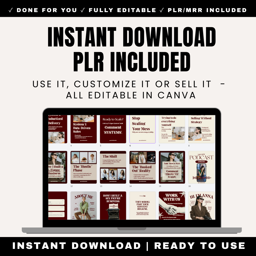 Digital product mockup on a laptop showing a collection of Bold Burgundy Instagram Templates for business coaches. High-contrast wine red and cream aesthetic with PLR and MRR resell rights included for Canva users .