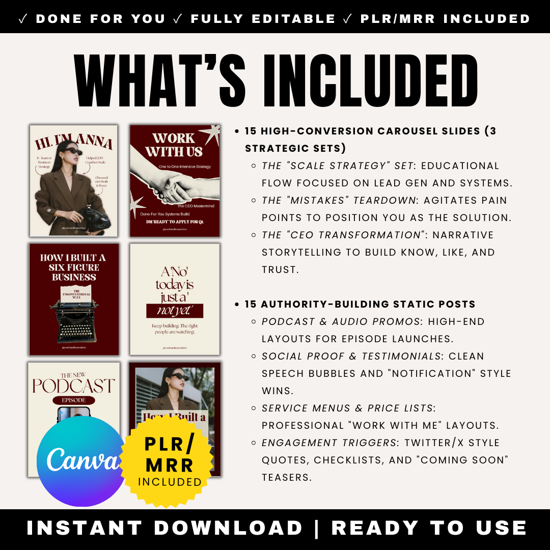 Detailed list of contents for the Bold Burgundy Social Media Kit featuring 15 high-conversion carousel slides and 15 authority-building static posts. Includes Podcast promos, social proof layouts, and CEO branding templates