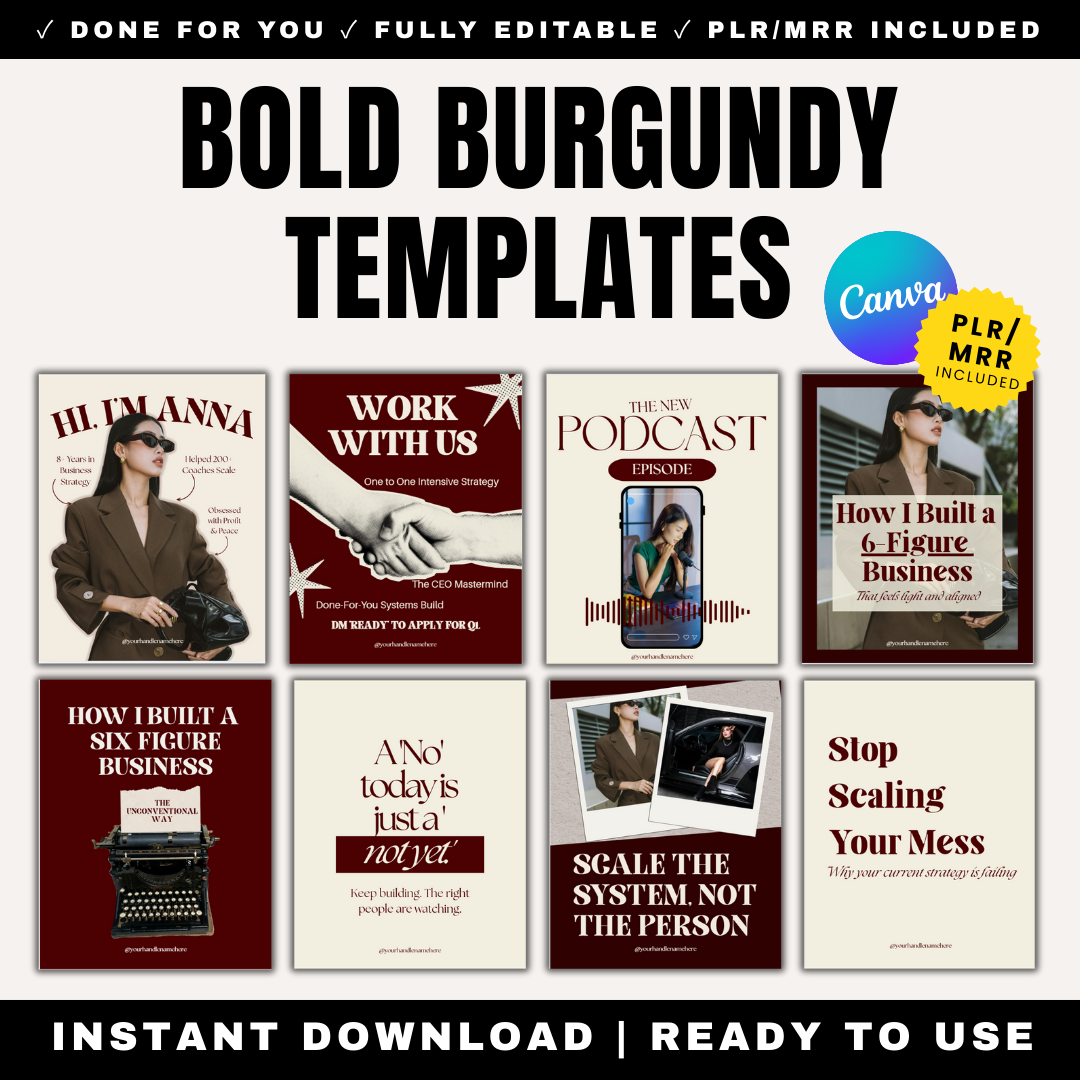 Premium Bold Burgundy Instagram Post Templates for Canva. Luxury editorial style branding featuring 'How I Built a 6-Figure Business' and 'Work With Us' layouts. Ideal for high-ticket service providers and digital marketers.