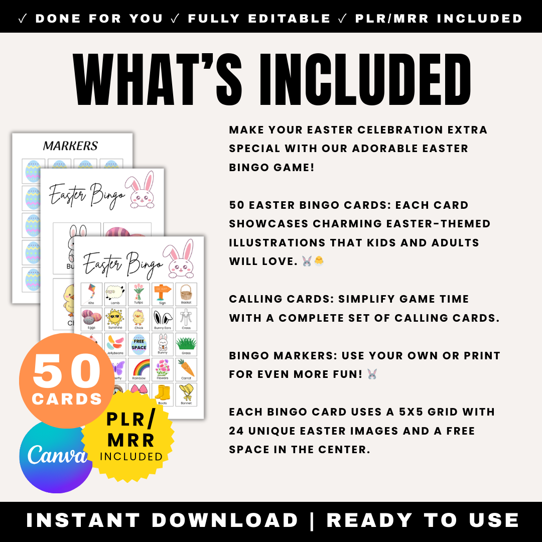 Canva editable Easter bingo cards for kids and adults
