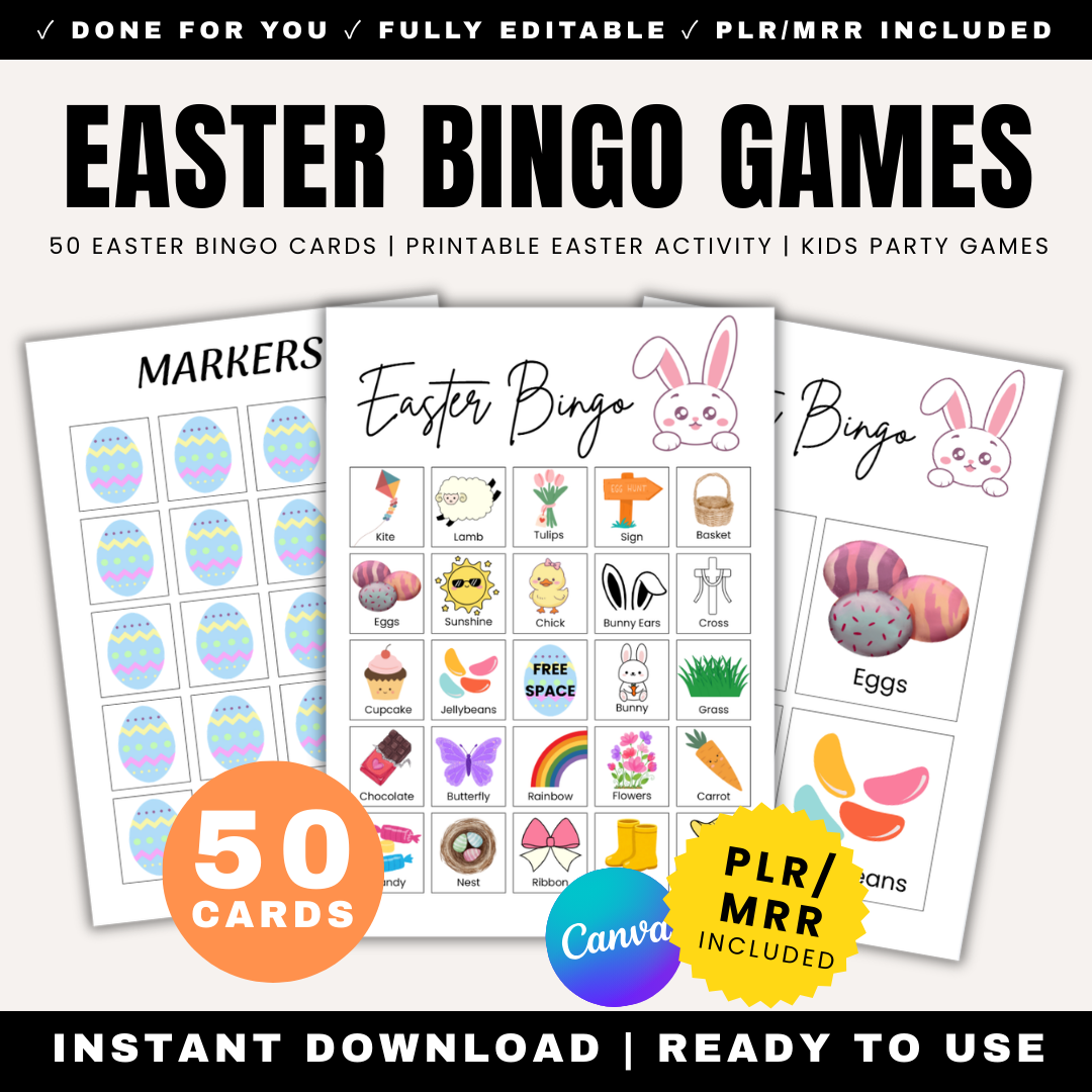 50 printable Easter bingo cards with Easter themed illustrations
