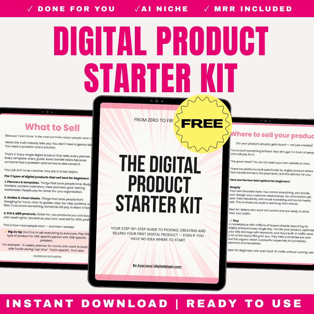 Free Digital Product Starter Kit - Complete Beginner Guide Zero to First Sale - Step by Step System - Includes 20 Easy Product Ideas - What to Sell How to Create Where to Sell Traffic Strategies - By Adrienne DigitalBizPLR - Instant Download Free Guide