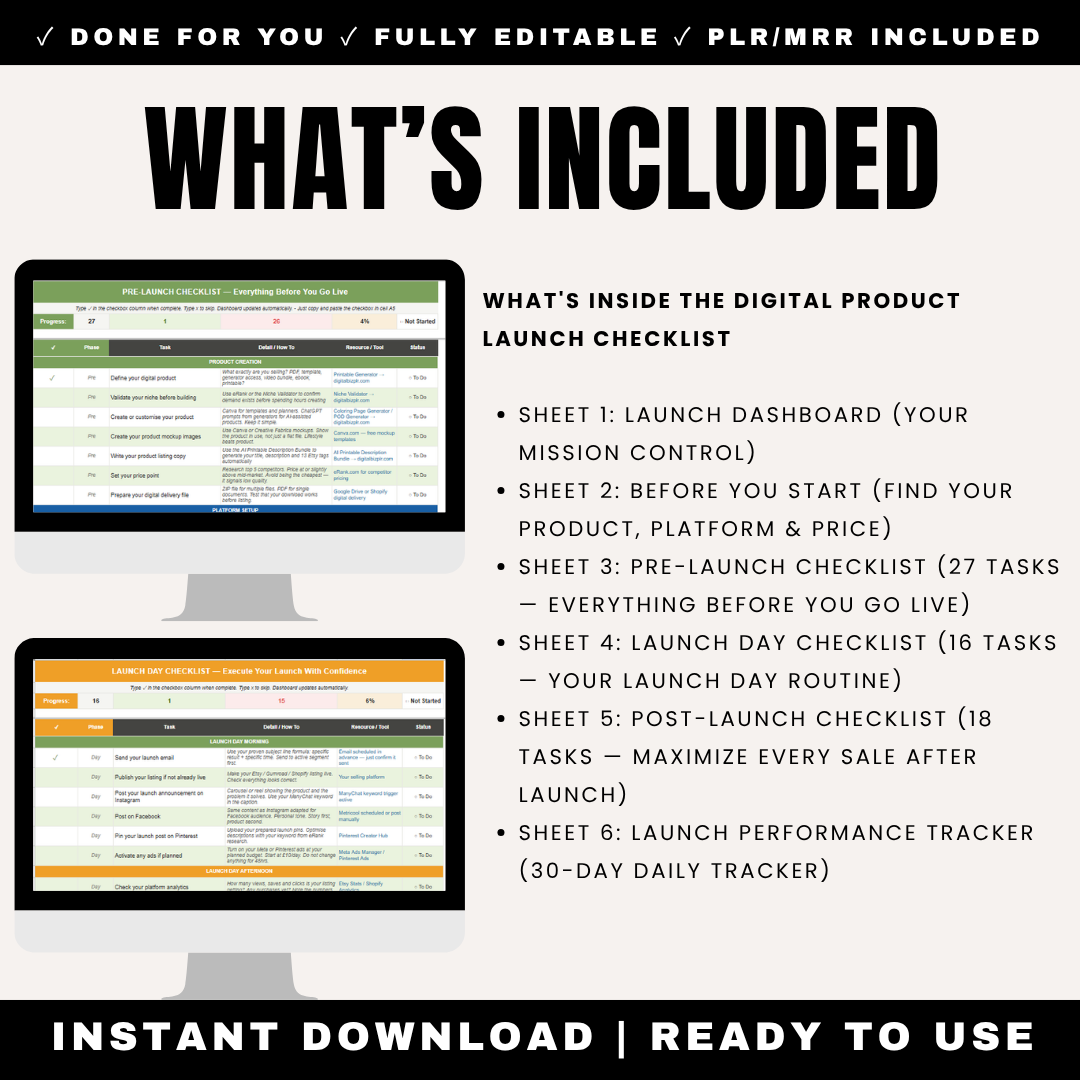 Digital Product Launch Checklist Template PLR MRR