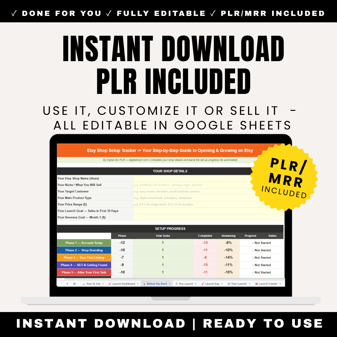 Etsy Shop Setup Tracker Checklist PLR MRR