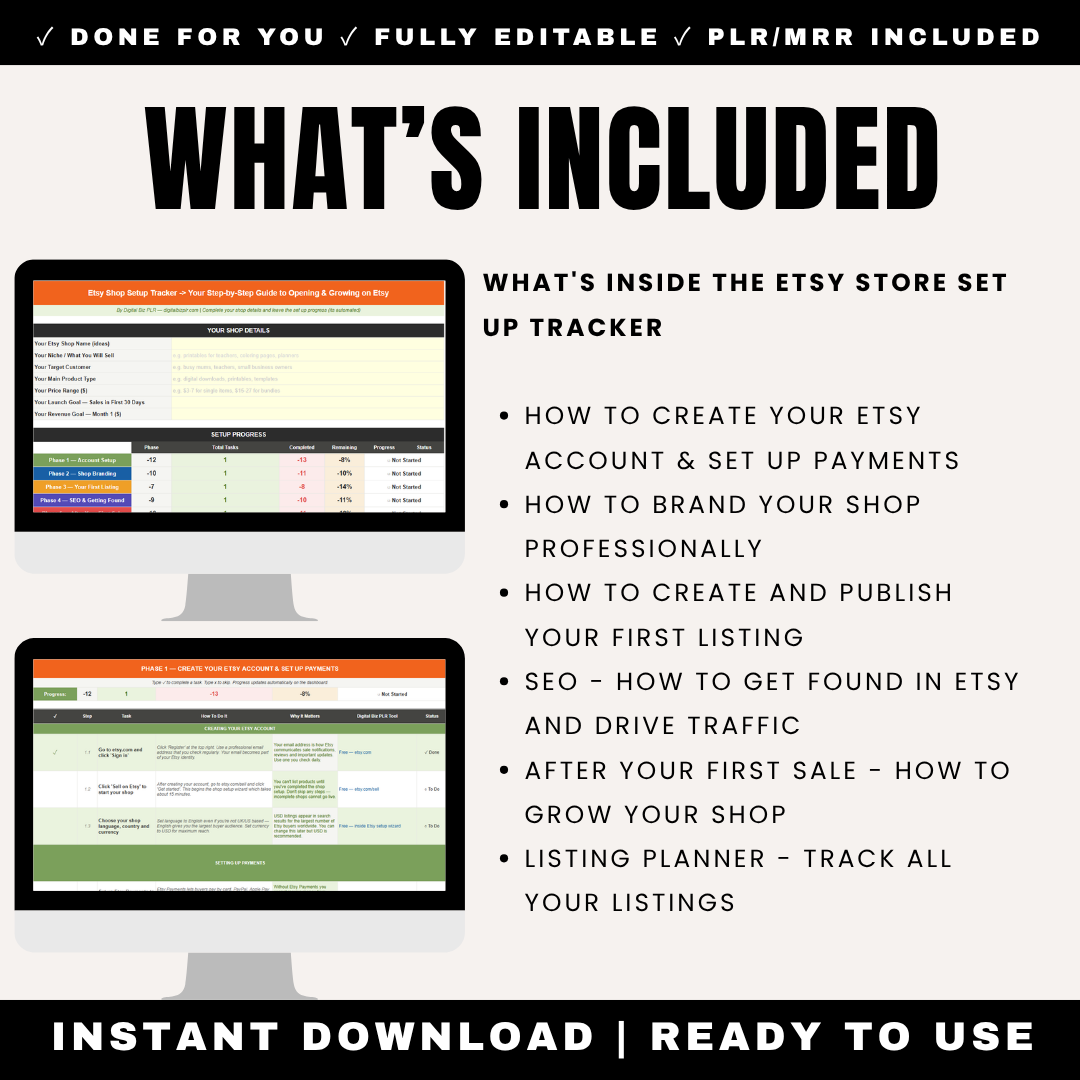 Etsy Shop Setup Tracker Checklist PLR MRR