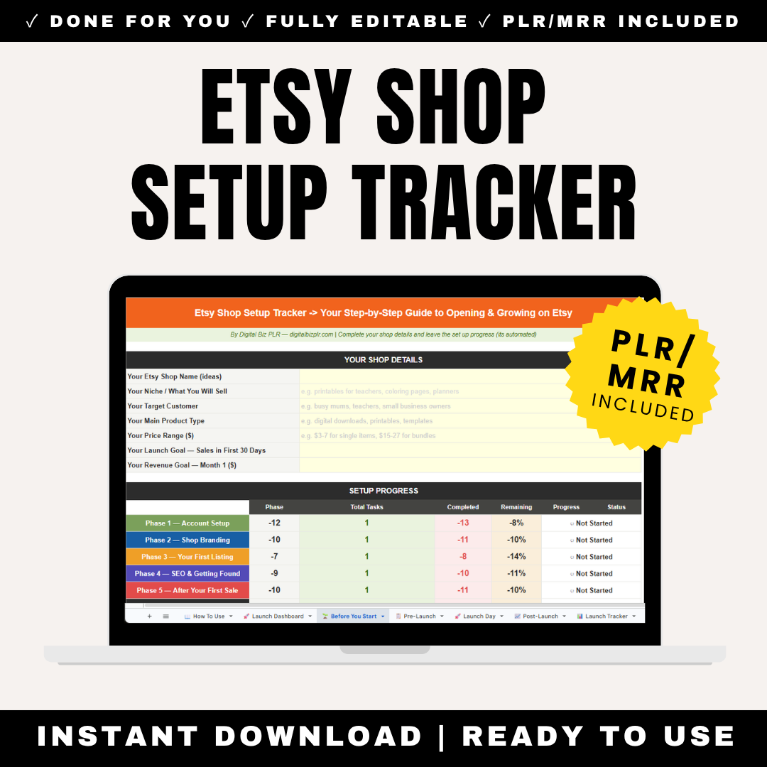 Etsy Shop Setup Tracker Checklist PLR MRR