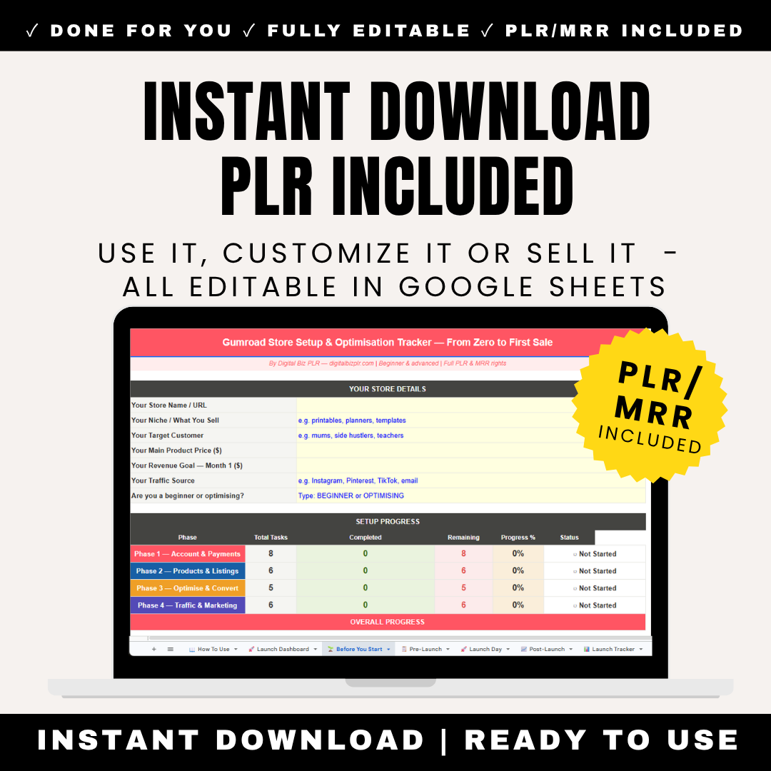 Gumroad Store Setup Tracker Guide Checklist PLR