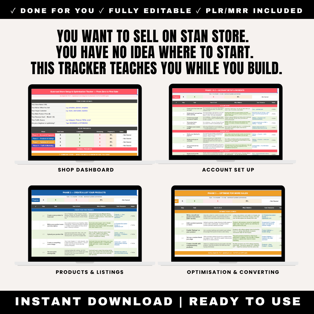 Gumroad Store Setup Tracker Guide Checklist PLR