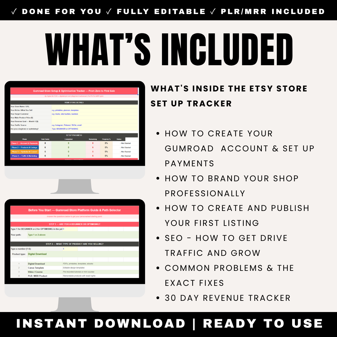 Gumroad Store Setup Tracker Guide Checklist PLR