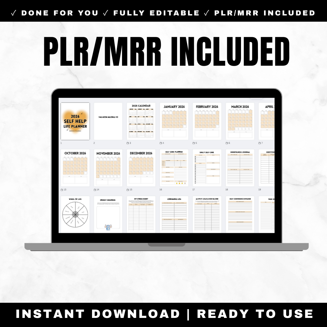 Editable self-love planner in Canva with full PLR and Master Resell Rights for wellness coaches, therapists and self-care product sellers