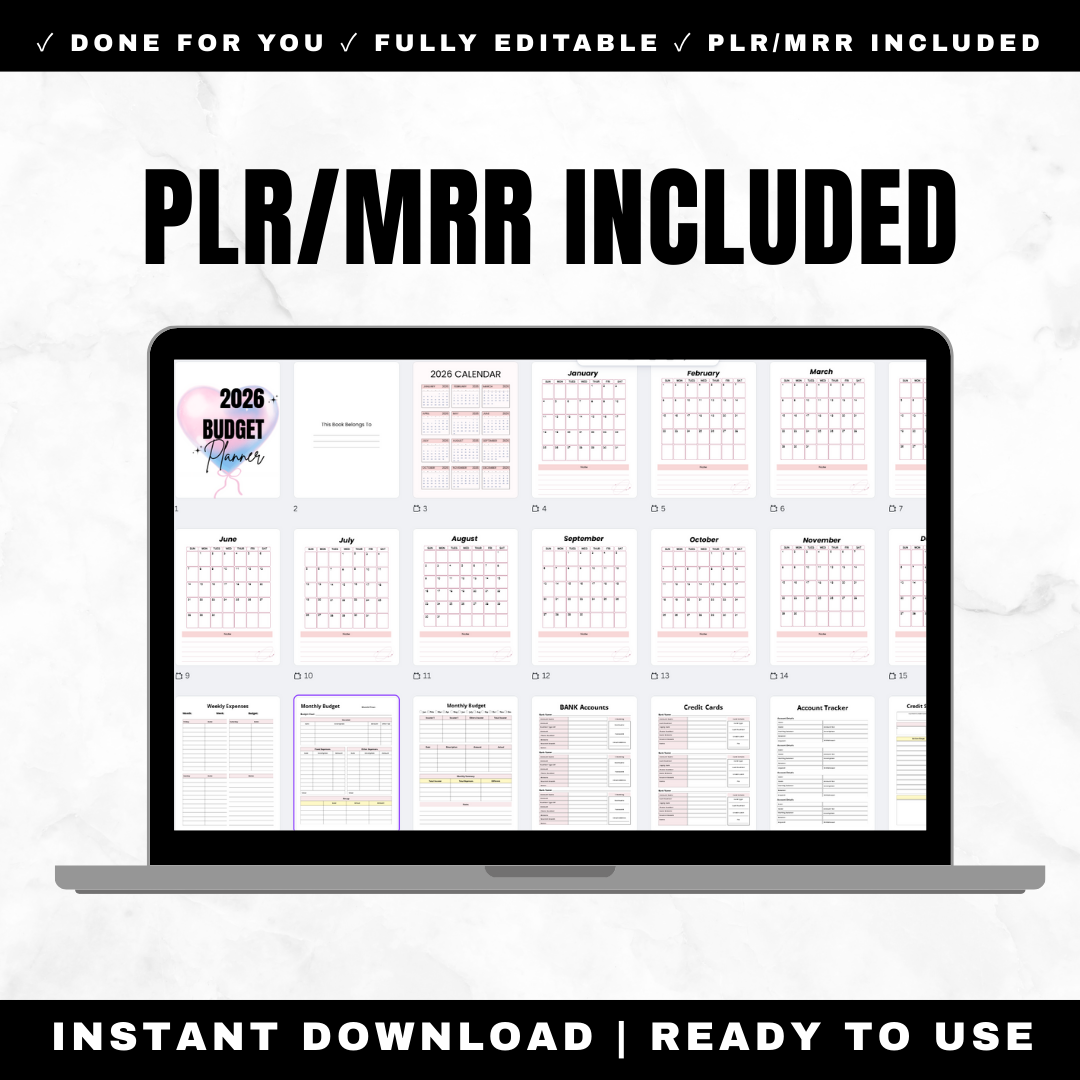 73-page budget planner printable 2026 with PLR/MRR. Bill tracker, paycheck budget, debt payoff, sinking funds & ADHD-friendly.