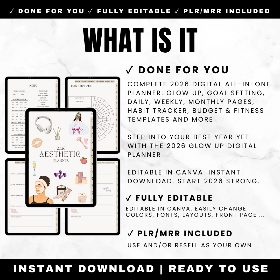Complete 2026 Undated That Girl Digital Life Planner, Hyperlinked Digital Planner with Resell Rights PLR MRR, Canva Editable