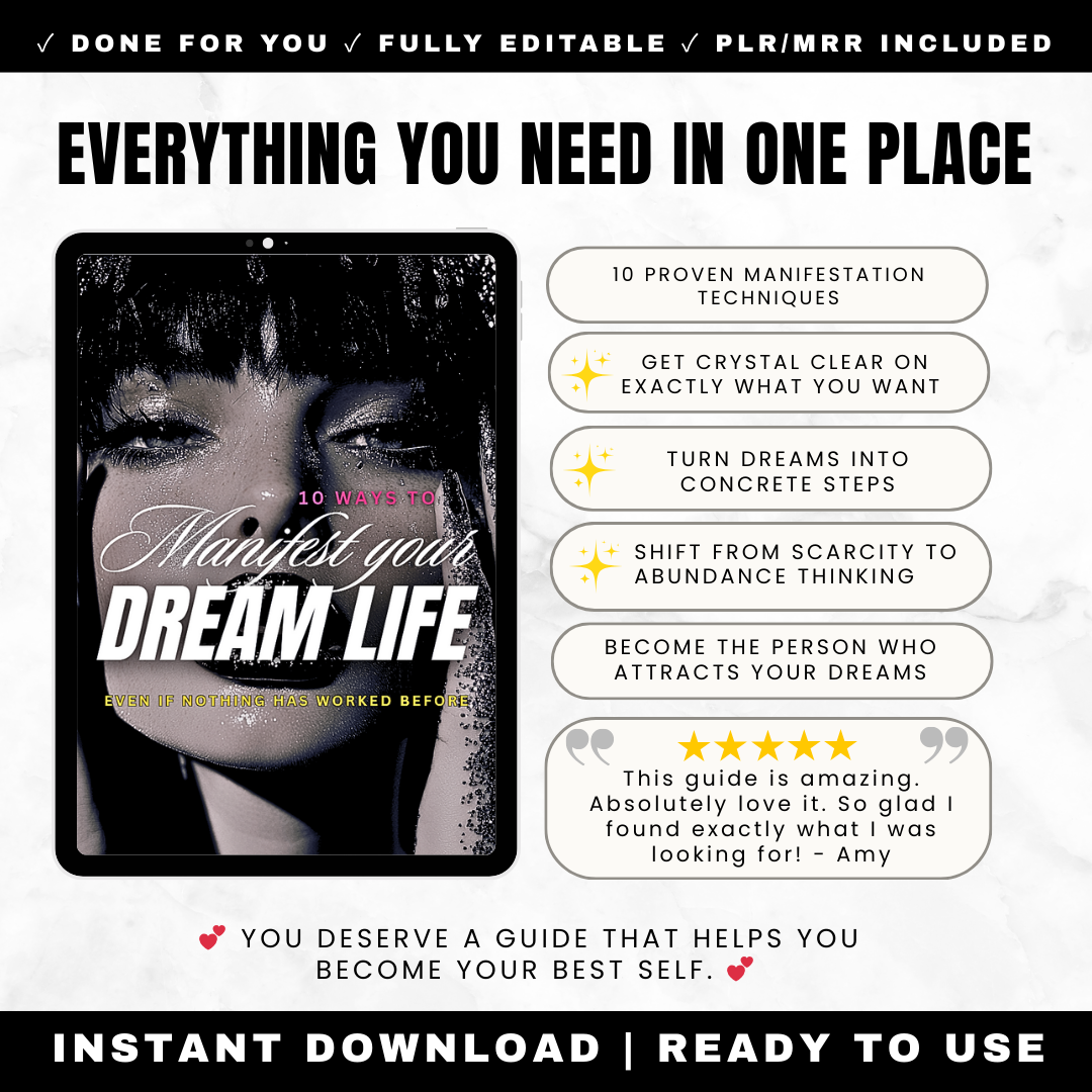 Manifestation Action Guide showing 10 practical ways including clarity goal planning positive mindset persistence with PLR rights
