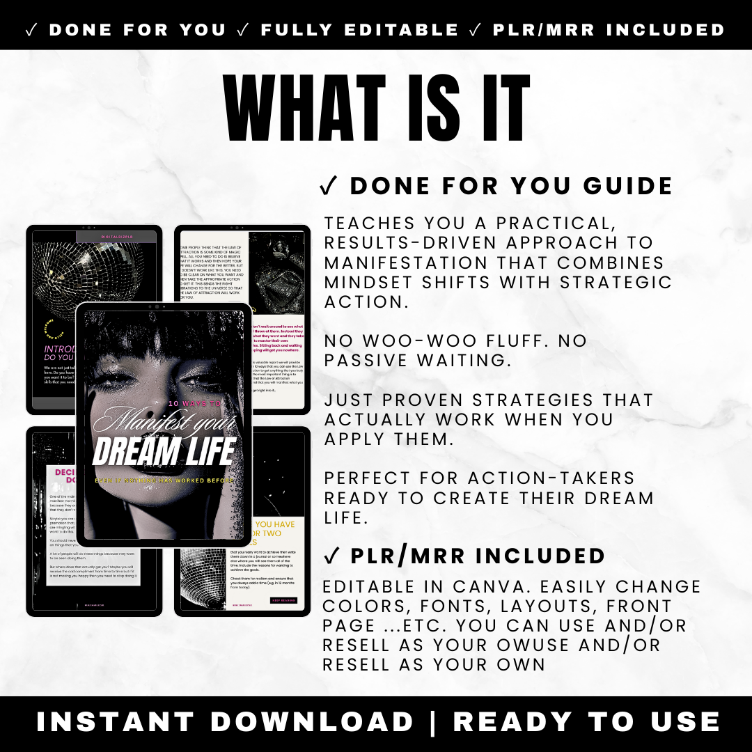 10 Ways to Manifest Your Dream Life Action-Based Manifestation Guide with Goal Setting PLR MRR Digital Download