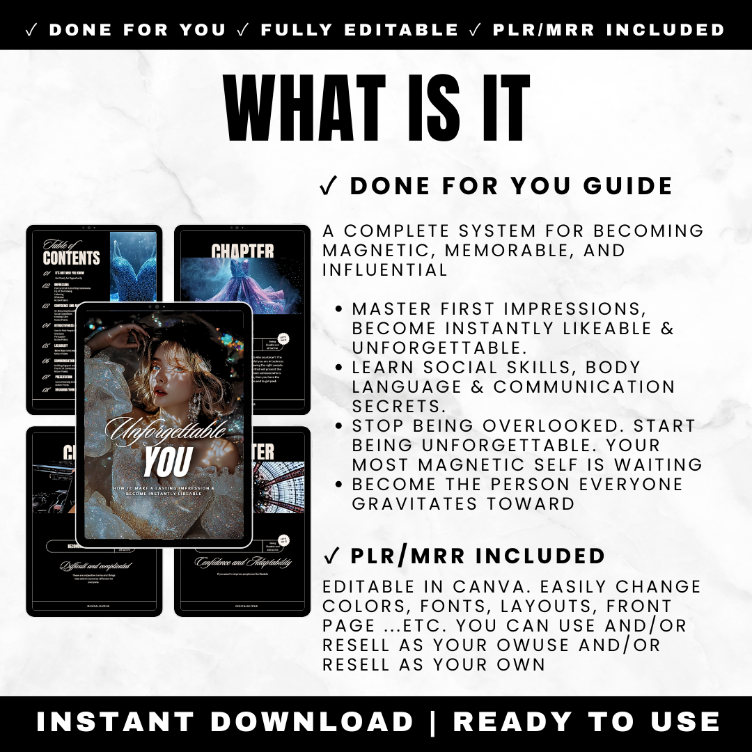 Social Skills Communication Guide showing first impressions body language listening chameleon adaptability with PLR rights
