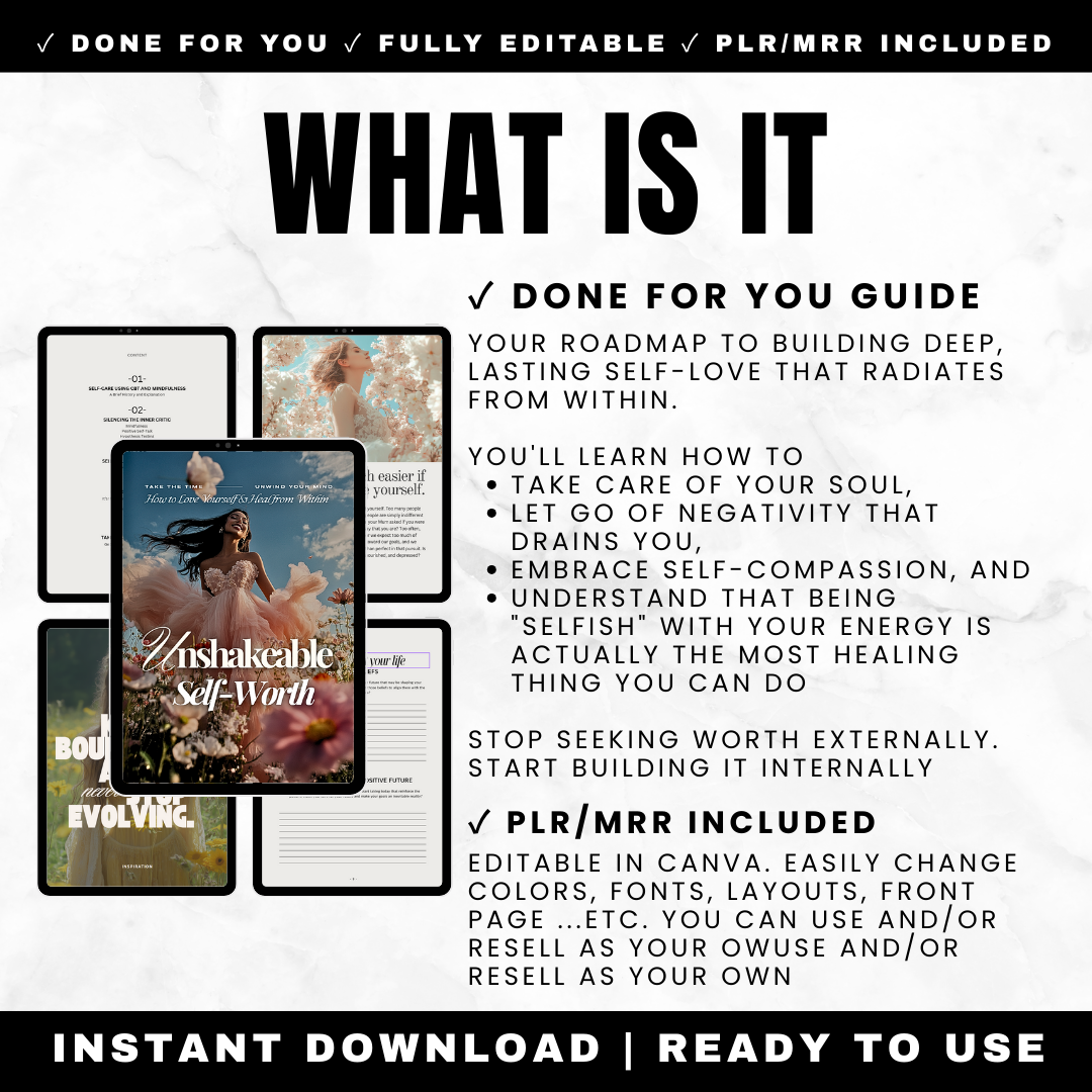 Self-Love Healing Guide showing soul care self-compassion letting go negativity healthy boundaries with PLR rights