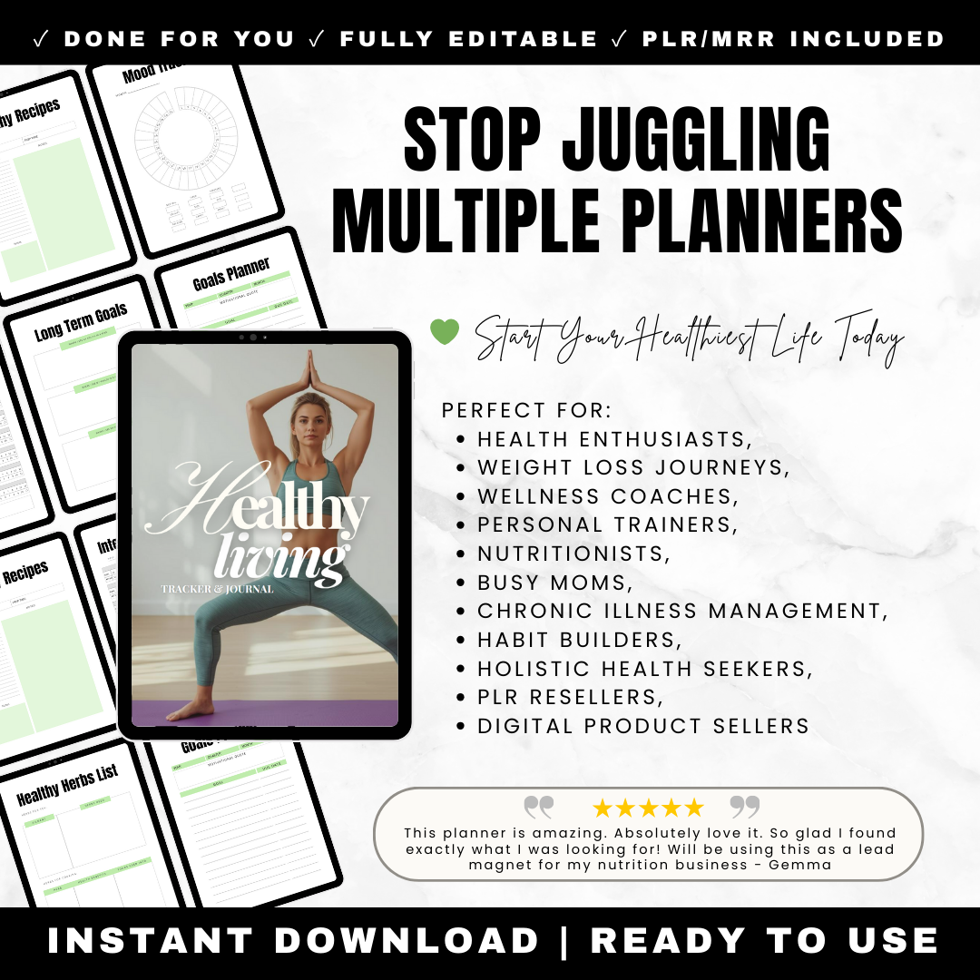 Complete wellness planner showing nutrition meal planning workout tracker sleep log mood tracker gratitude journal with PLR rights
