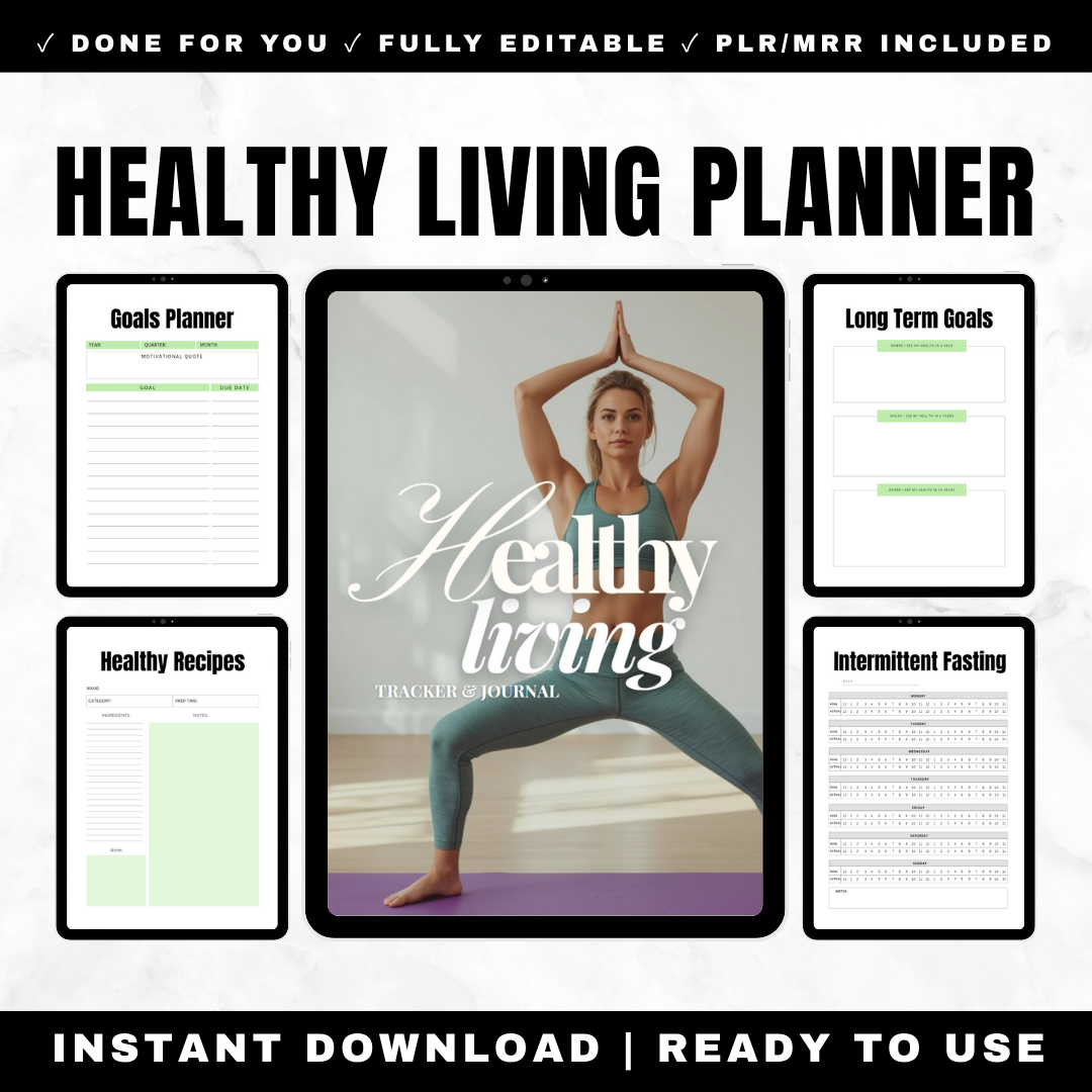 Healthy Living Planner 32 Pages Wellness Journal Meal Planning Fitness Tracking Self-Care Mindfulness PLR MRR Rights
