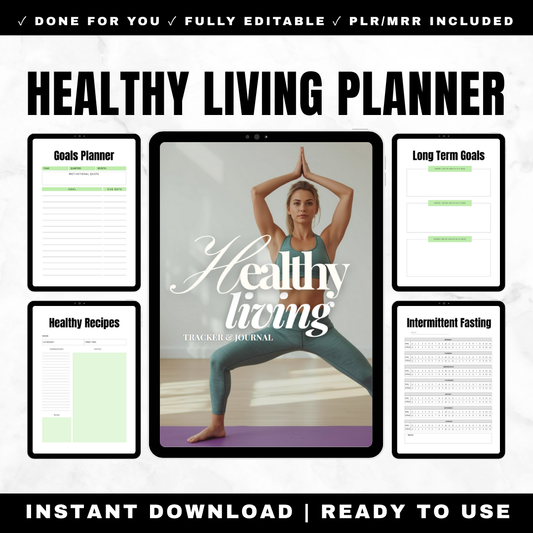Healthy Living Planner 32 Pages Wellness Journal Meal Planning Fitness Tracking Self-Care Mindfulness PLR MRR Rights
