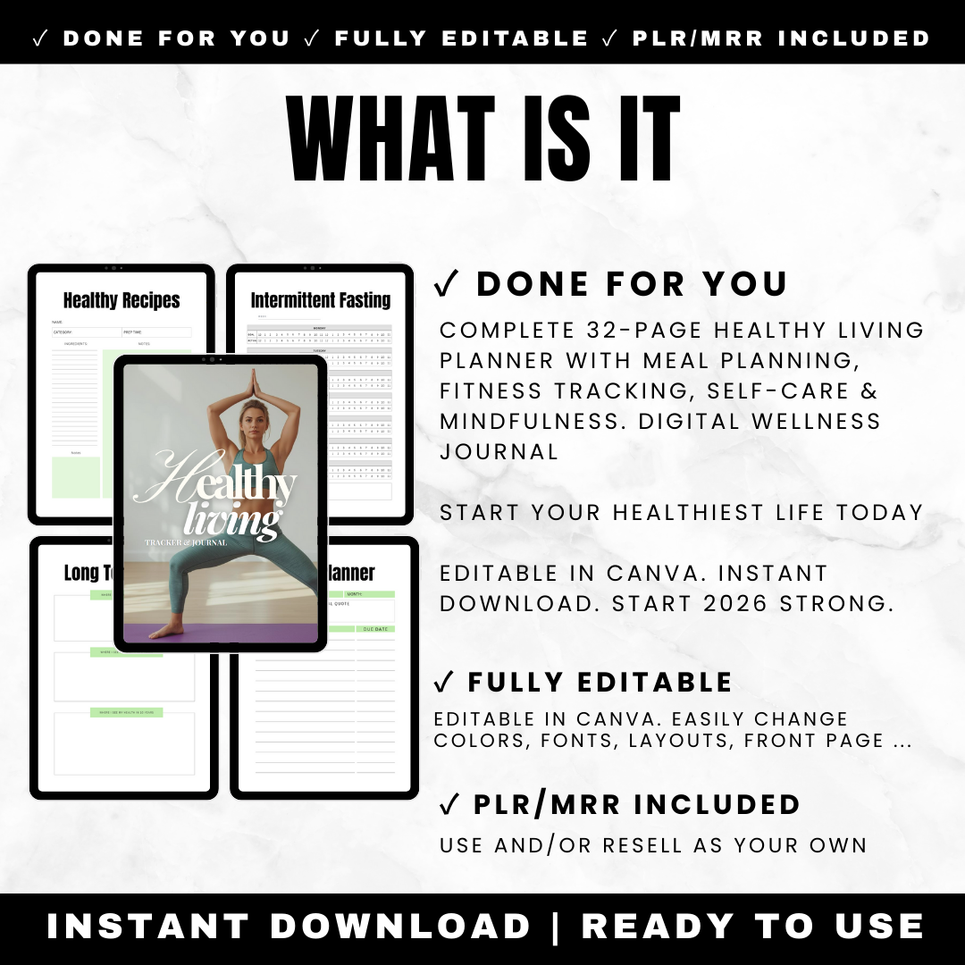 Complete wellness planner showing nutrition meal planning workout tracker sleep log mood tracker gratitude journal with PLR rights
