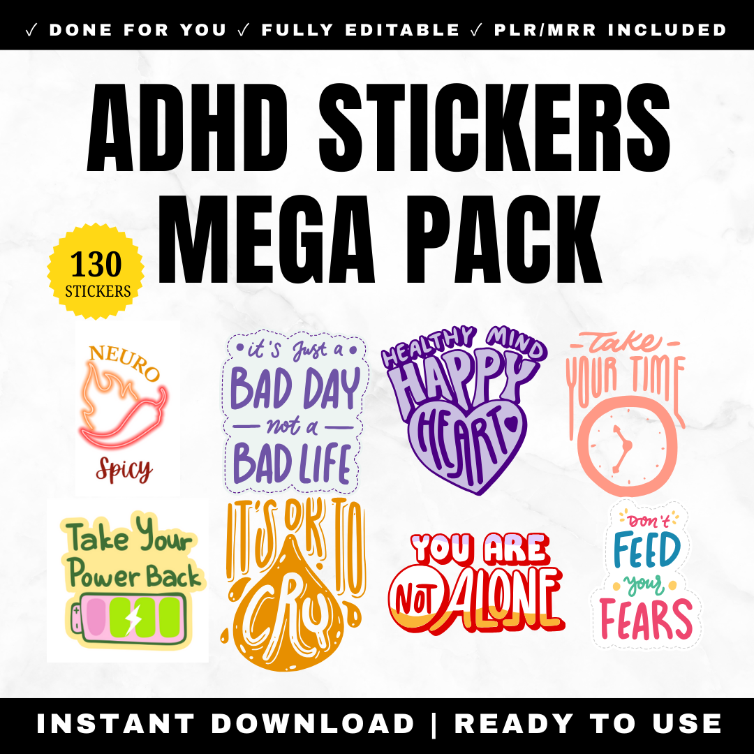 ADHD Stickers 102 Pack Digital Printable Editable Canva - Medication Reminders Task Stickers Executive Dysfunction Support Neurodivergent Planner Stickers