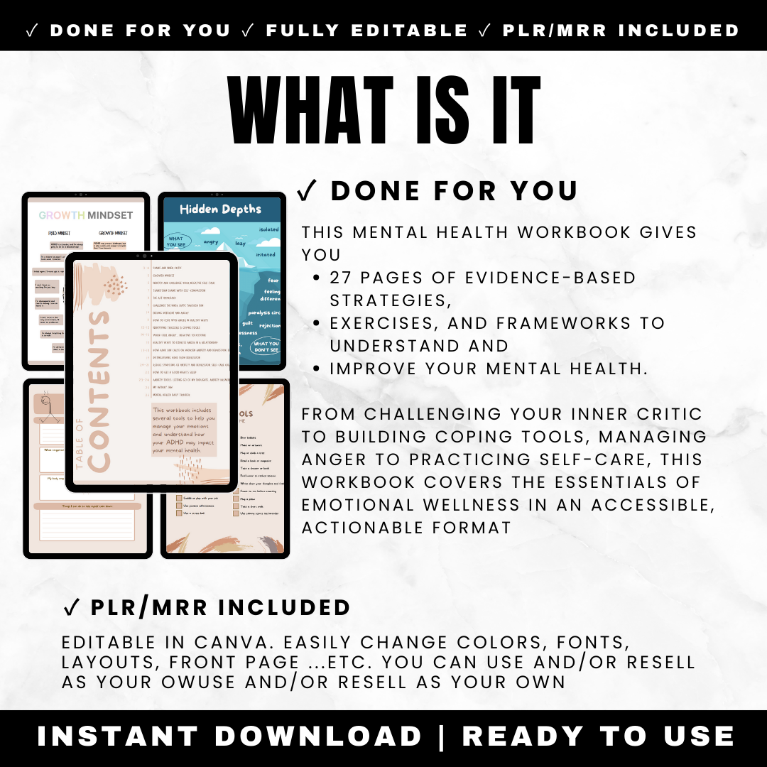 Mental Health Workbook 27 Pages - Anxiety Depression Anger Management Inner Critic Coping Tools Self-Care PLR MRR Digital Printable