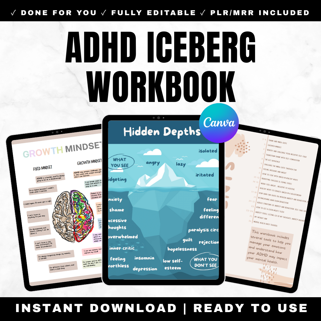Mental Health Workbook 27 Pages - Anxiety Depression Anger Management Inner Critic Coping Tools Self-Care PLR MRR Digital Printable