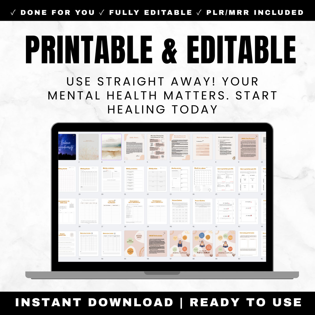 ADHD Planner 185 Pages Printable PDF Editable Canva - Executive Function Habit Tracker Goal Setting Daily Weekly Monthly Neurodivergent Life Planner PLR MRR