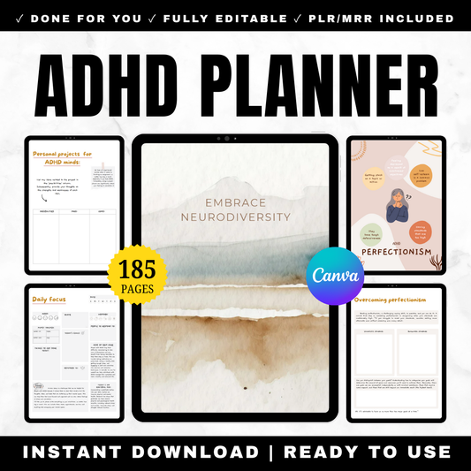 ADHD Planner 185 Pages Printable PDF Editable Canva - Executive Function Habit Tracker Goal Setting Daily Weekly Monthly Neurodivergent Life Planner PLR MRR