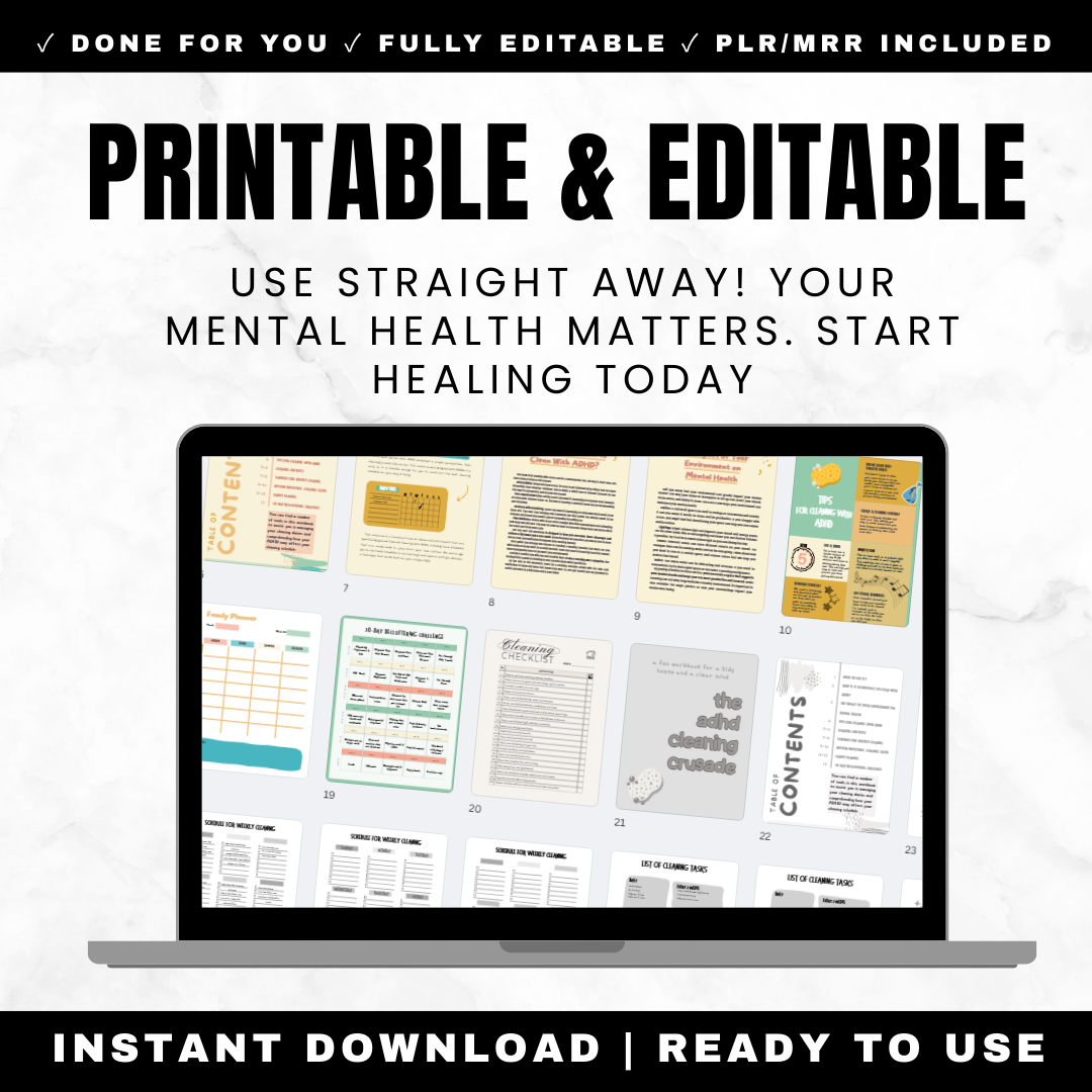 ADHD Cleaning Crusade System - Complete Cleaning Planner with Daily Weekly Monthly Routines Checklists Decluttering Challenges Family Planners Printable PDF Editable Canva PLR MRR
