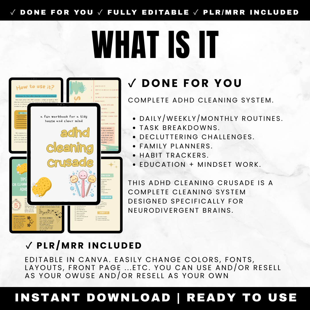 ADHD Cleaning Crusade System - Complete Cleaning Planner with Daily Weekly Monthly Routines Checklists Decluttering Challenges Family Planners Printable PDF Editable Canva PLR MRR
