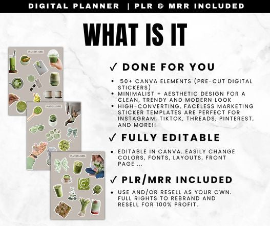 50+ matcha aesthetic digital stickers and Canva elements PLR Canva Editable