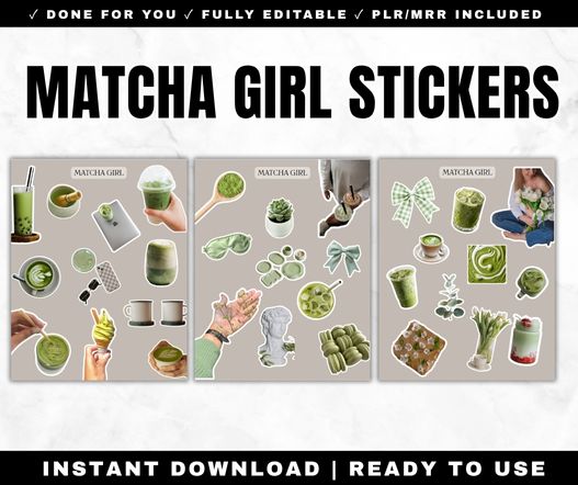 Matcha Girl Stickers PLR | Canva Digital Stickers PLR
